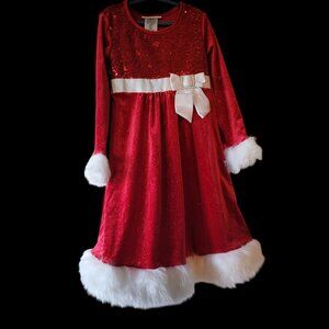 Girls Red & White Long Sleeve Christmas Dress W/ Faux Fur Trim Sequin Top Bow Ac